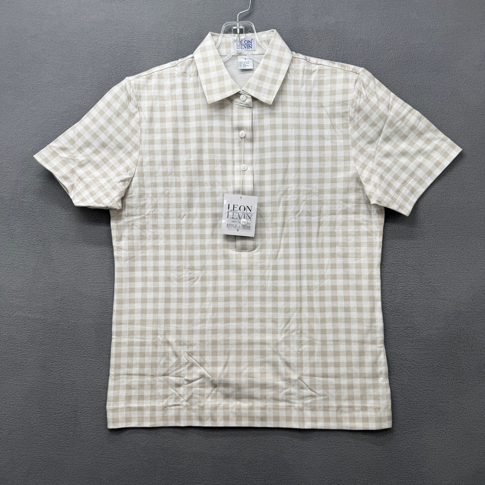 Leon Levin Womens Tan Gingham Cotton Short Sleeve Polo Shirt L33229 Small NWT